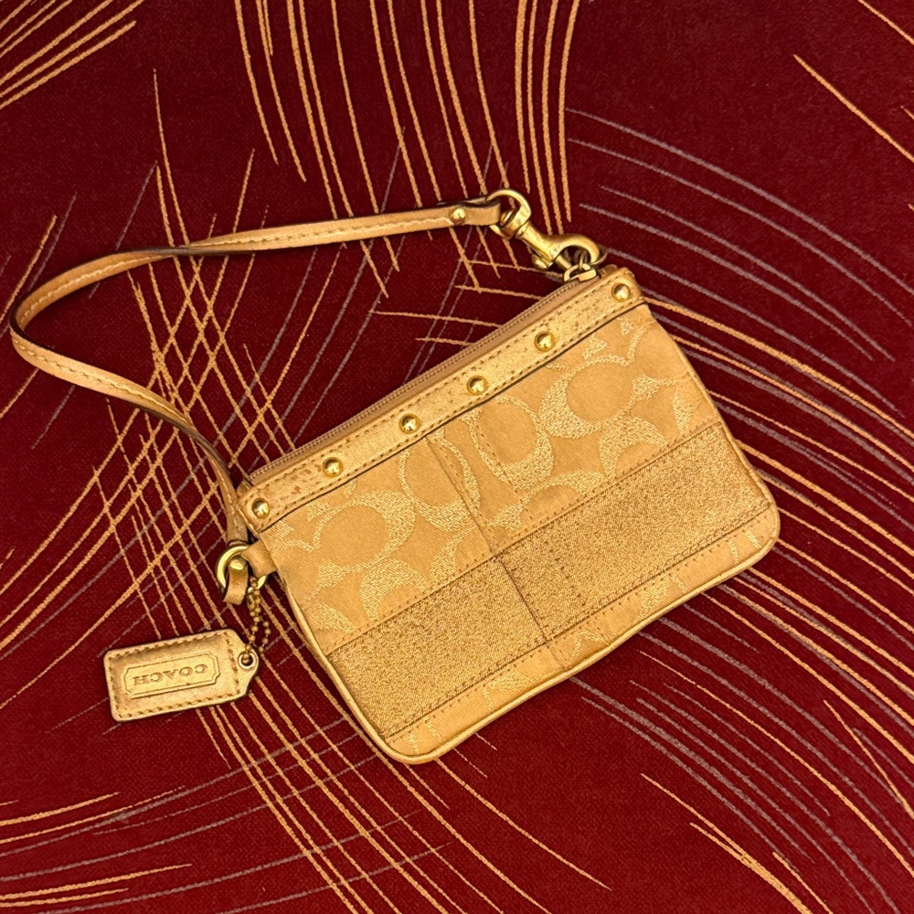 Coach Gold and Tan Signature Wristlet